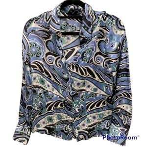 New York & Company 100% Silk Blue Paisley Blouse Size Medium Boho, Retro,